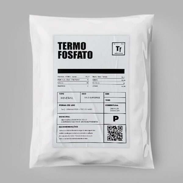 Embalagem de 1kg de Termofosfato Organo Lab, mostrando o fertilizante em pó ou granulado e destacando a riqueza em minerais para o solo.