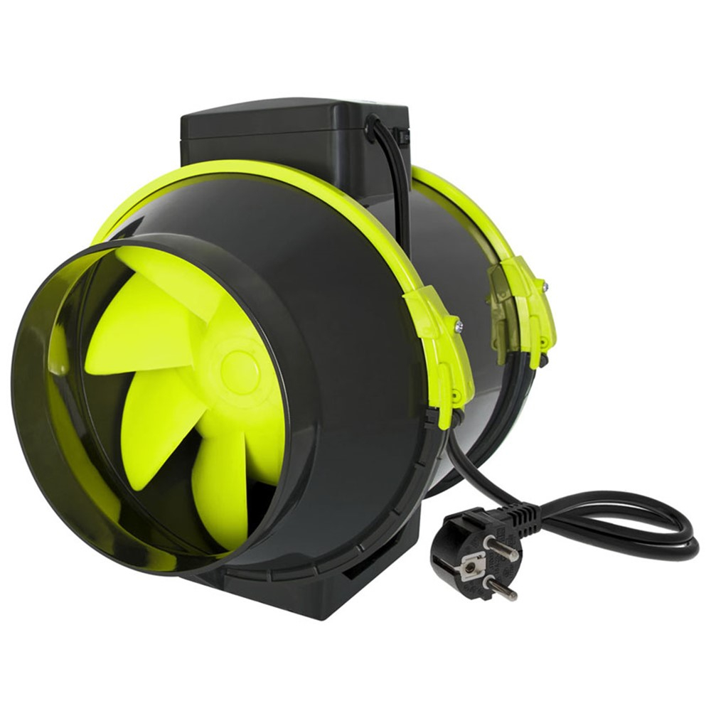 Exaustor Garden Highpro TT Profan de 200mm, mostrando o design compacto e as hélices duplas, pronto para ser instalado em um duto de ventilação.