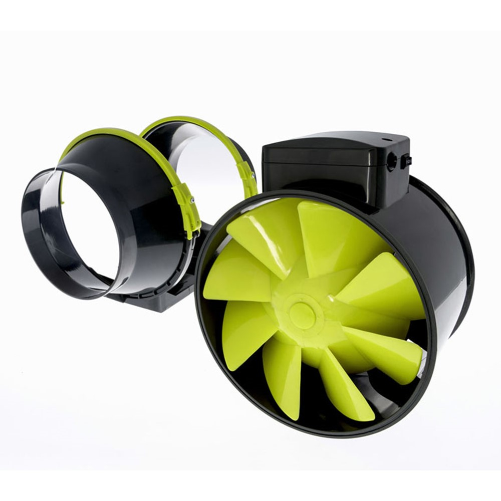 Exaustor Garden Highpro TT Profan de 200mm, mostrando o design compacto e as hélices duplas, pronto para ser instalado em um duto de ventilação.