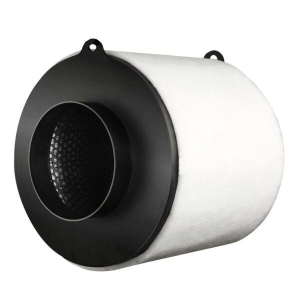 Filtro de Carvão Ativado Garden Highpro Proactiv 200mm/800m³/h de lado, destacando o corpo cilíndrico e a flange de conexão.