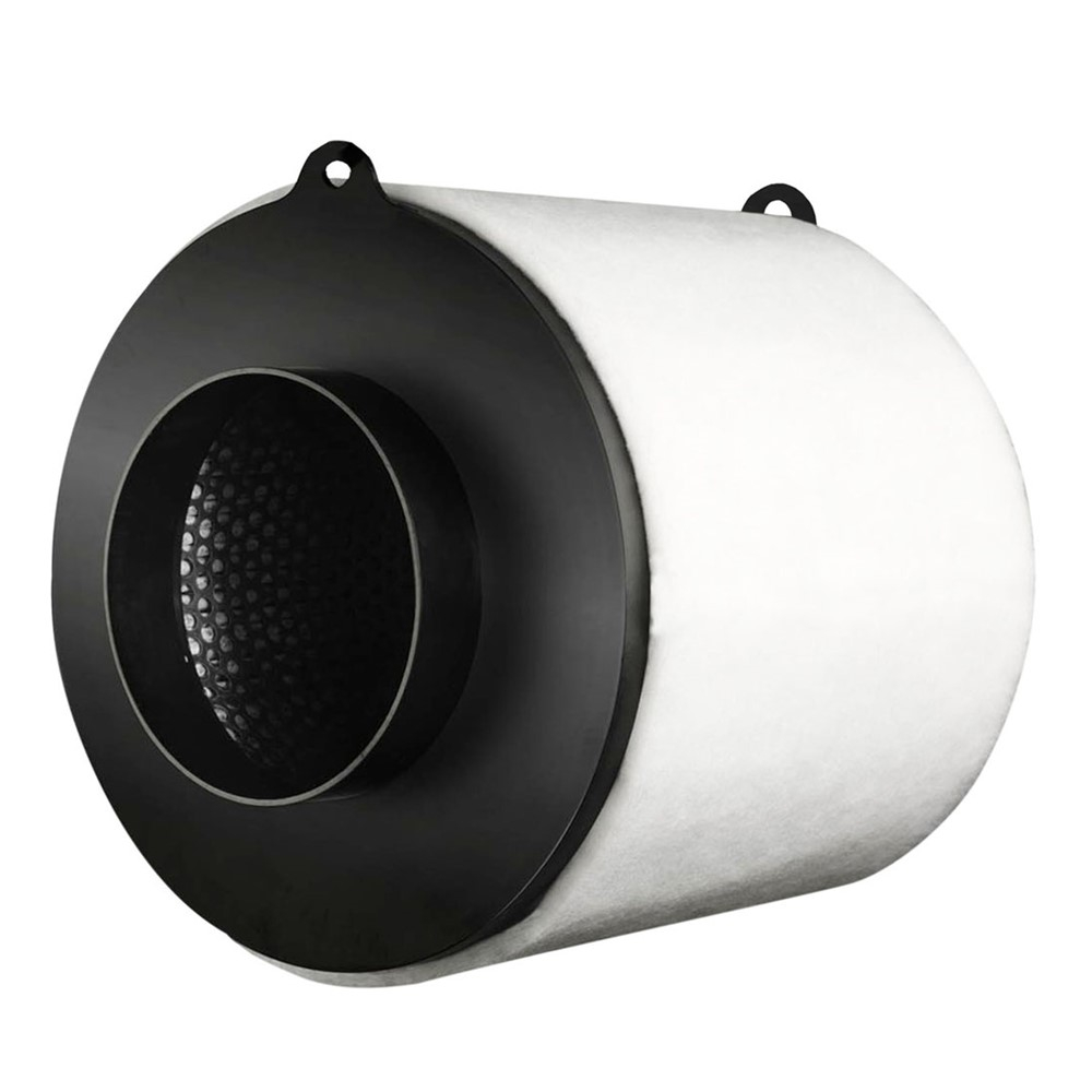 Filtro de Carvão Ativado Garden Highpro Proactiv 200mm/800m³/h de lado, destacando o corpo cilíndrico e a flange de conexão.