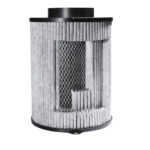 Filtro de Carvão Ativado Garden Highpro Proactiv 200mm/800m³/h de lado, destacando o corpo cilíndrico e a flange de conexão.