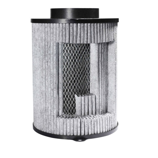 Filtro de Carvão Ativado Garden Highpro Proactiv 200mm/800m³/h de lado, destacando o corpo cilíndrico e a flange de conexão.