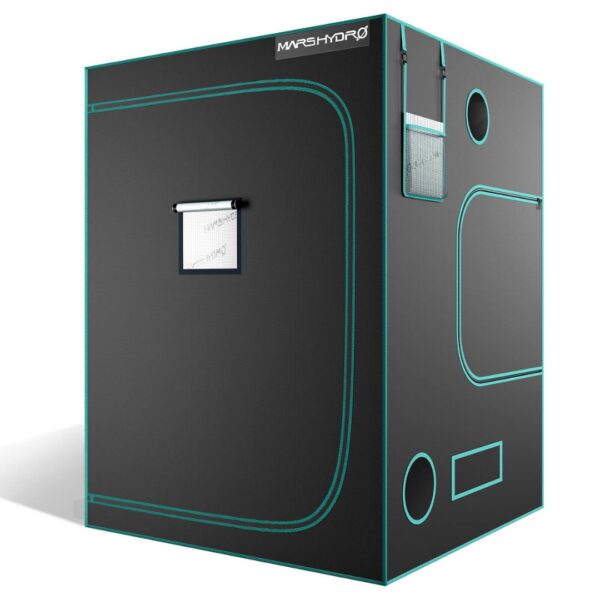 Estufa de cultivo indoor Mars Hydro, com dimensões 150x150x200cm, mostrando sua estrutura robusta de metal e a lona preta. Ideal para uso em ambientes internos.