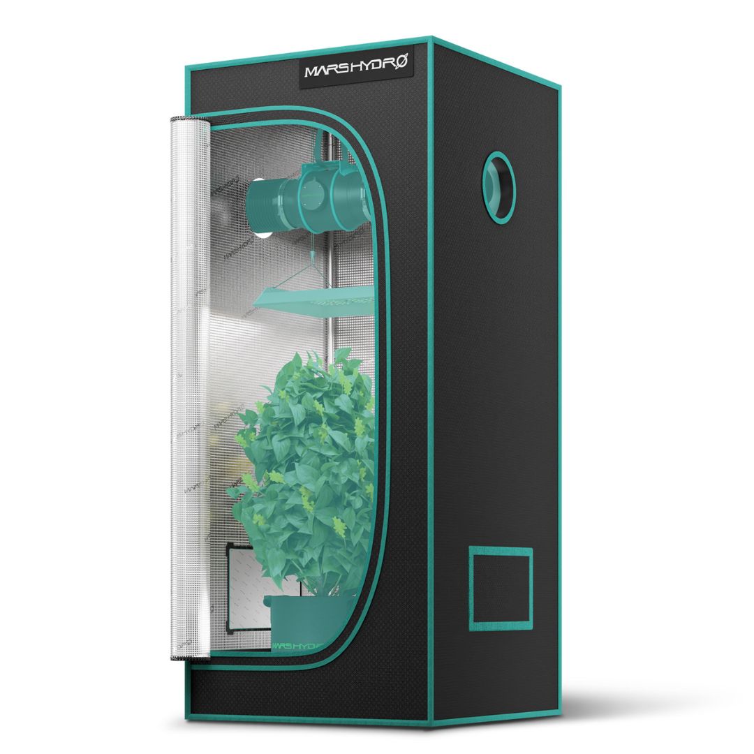 Estufa de cultivo indoor Premium Mars Hydro 70 x 70 x 160cm Estufa de cultivo indoor Mars Hydro, com dimensões 70x70x160cm, mostrando sua estrutura robusta de metal e a lona preta. Ideal para uso em ambientes internos.