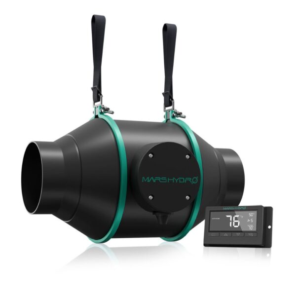 Exaustor de duto Mars Hydro de 4 polegadas (100mm), com seu controlador de termostato digital, cabo de energia e suportes.