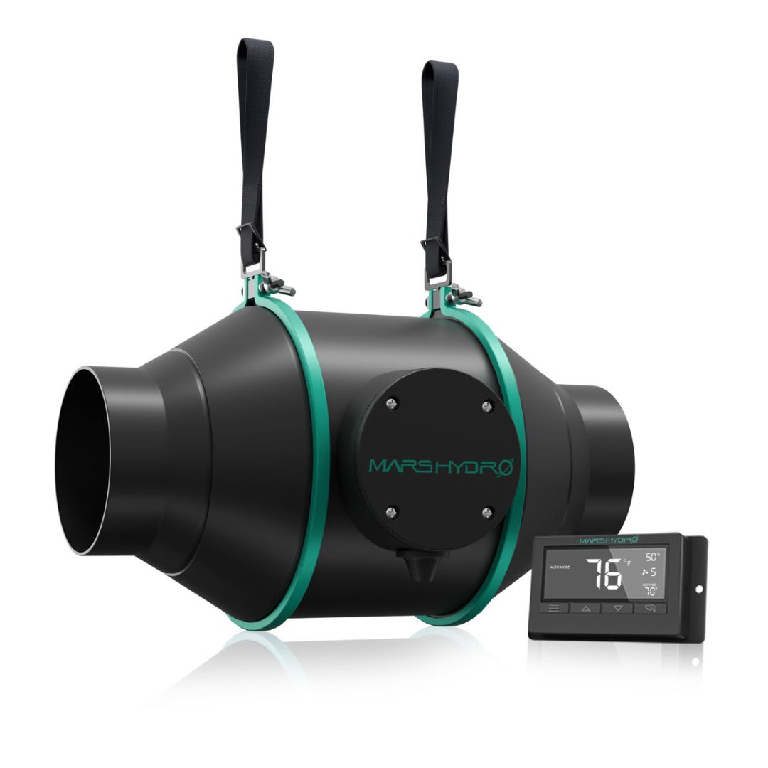Exaustor Mars Hydro 4 polegadas ou 100mm bivolt com controlador de termostasto Exaustor de duto Mars Hydro de 4 polegadas (100mm), com seu controlador de termostato digital, cabo de energia e suportes.