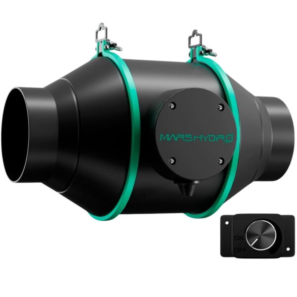 Exaustor de duto Mars Hydro de 4 polegadas com controlador de velocidade e design cilíndrico.