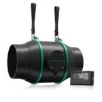 Exaustor de duto Mars Hydro de 6 polegadas (150mm), com seu controlador de termostato digital, cabos de energia e suportes de montagem.