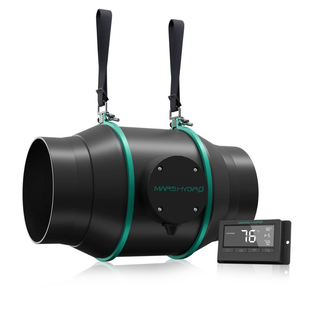 Exaustor de duto Mars Hydro de 6 polegadas (150mm), com seu controlador de termostato digital, cabos de energia e suportes de montagem.