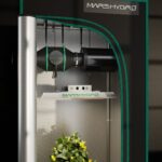 Kit de ventilação completo Mars Hydro de 4 polegadas, mostrando o exaustor, o filtro de carvão, os dutos flexíveis e o controlador de termostato.