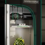 Kit de ventilação completo Mars Hydro de 4 polegadas, mostrando o exaustor, o filtro de carvão e os dutos flexíveis em PVC.