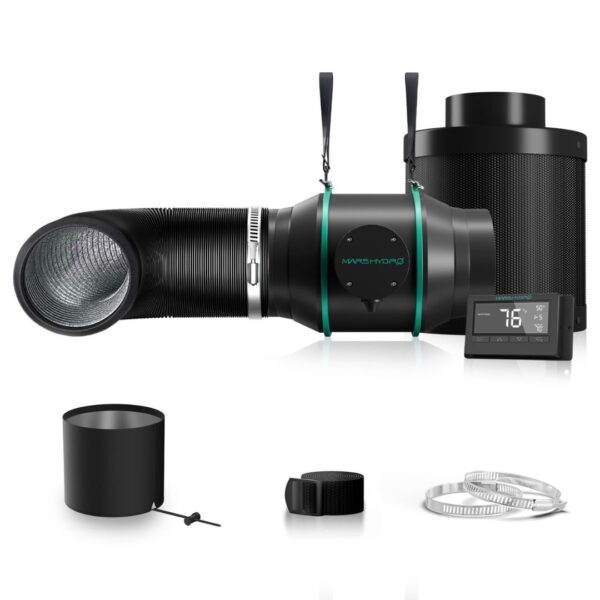 Kit de ventilação completo Mars Hydro de 6 polegadas, mostrando o exaustor, o filtro de carvão, os dutos flexíveis e o controlador digital.