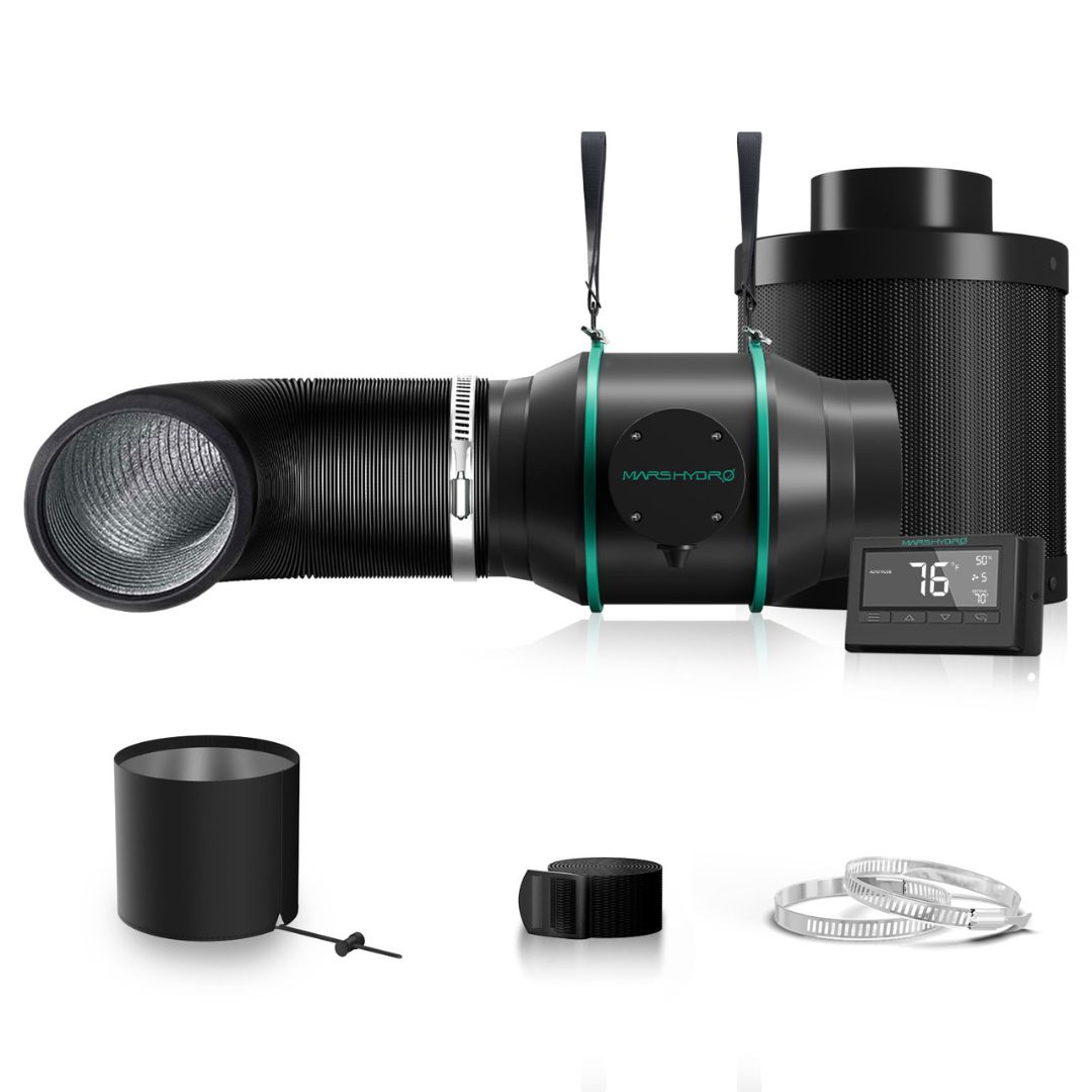 Kit Exaustor axial bivolt e Filtro de carvão Mars Hydro 6 polegadas ou 150mm com controlador de termostato Kit de ventilação completo Mars Hydro de 6 polegadas, mostrando o exaustor, o filtro de carvão, os dutos flexíveis e o controlador digital.