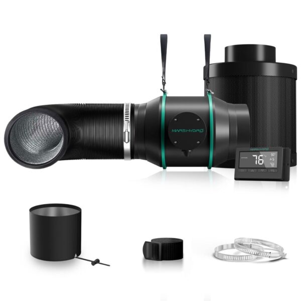 Kit de ventilação completo Mars Hydro de 6 polegadas, mostrando o exaustor, o filtro de carvão e os dutos flexíveis.