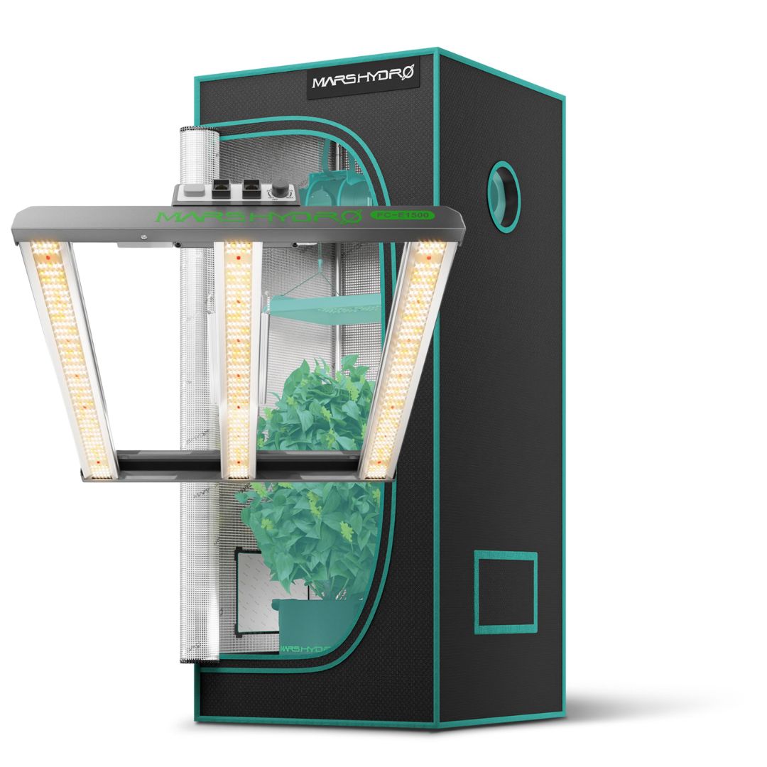 Kit Mars Hydro Painel de LED FC-E1500 de 150W e Estufa Premium 60 x 60 x 140cm 2 Kit de cultivo indoor com painel de LED Mars Hydro FC-E1500 e estufa de 60 x 60 x 140cm, mostrando o painel de barra sobre o espaço compacto da estufa.