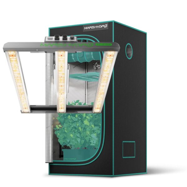 Kit de cultivo indoor com painel de LED Mars Hydro FC-E1500 e estufa de 80 x 80 x 160cm, mostrando o painel de barra sobre o espaço compacto da estufa.