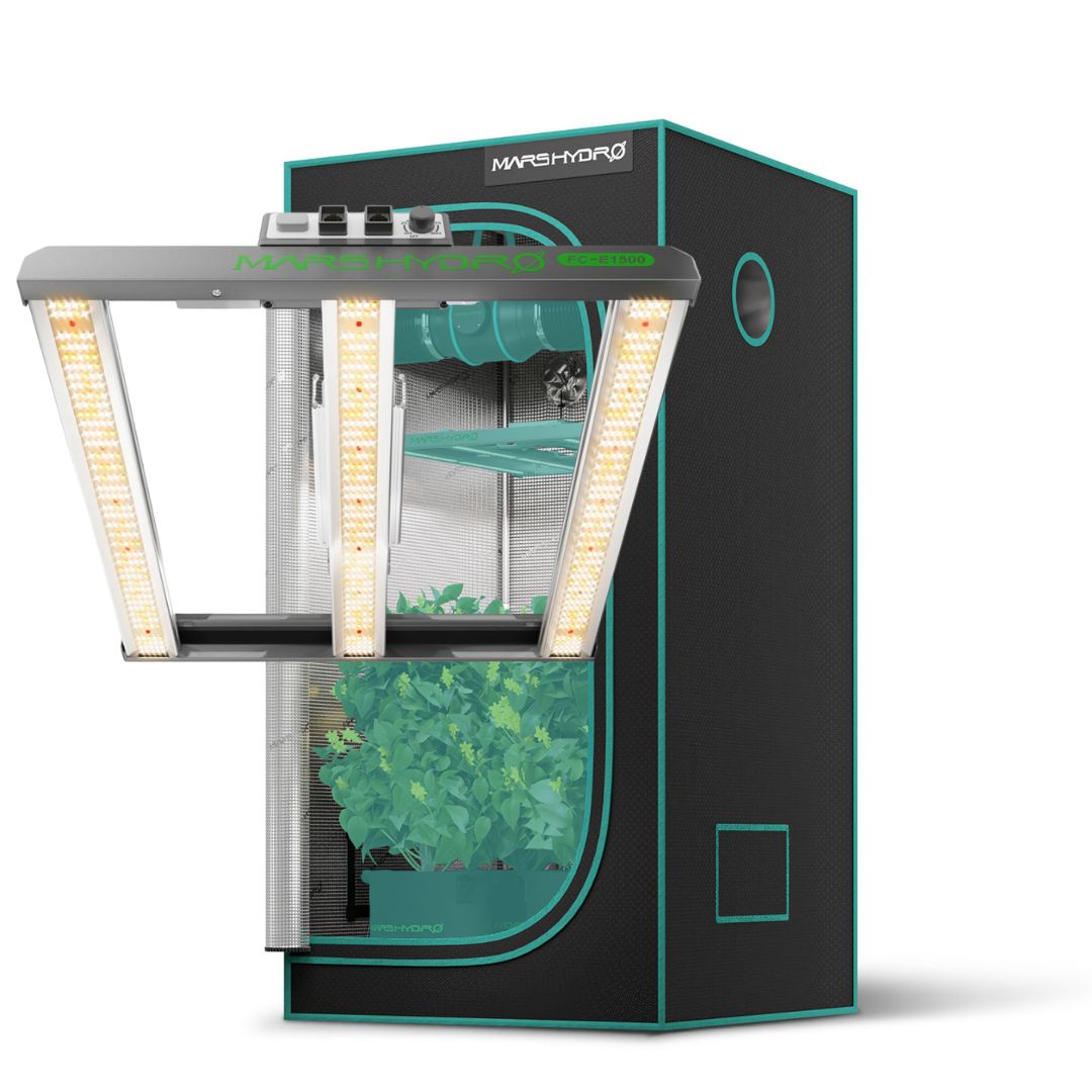 Kit Mars Hydro Painel de LED FC-E1500 de 150W e Estufa Premium 80 x 80 x 160cm 3 Kit de cultivo indoor com painel de LED Mars Hydro FC-E1500 e estufa de 80 x 80 x 160cm, mostrando o painel de barra sobre o espaço compacto da estufa.