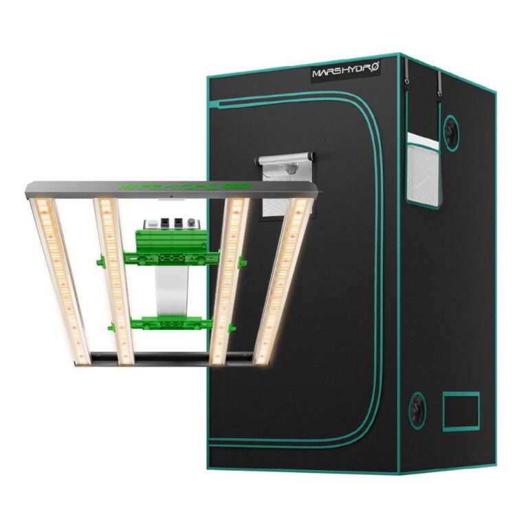 Kit de cultivo indoor com painel de LED Mars Hydro FC-E3000 e estufa de 100 x 100 x 180cm, mostrando a configuração de cultivo.