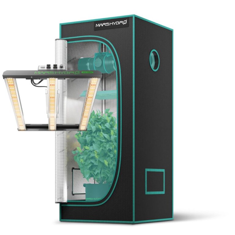 Kit de cultivo indoor com painel de LED Mars Hydro FC1500 e estufa de 60 x 60 x 140cm, montados e prontos para uso.
