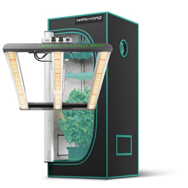 Kit de cultivo indoor com painel de LED Mars Hydro FC1500 e estufa de 70 x 70 x 160cm, montados e prontos para uso.
