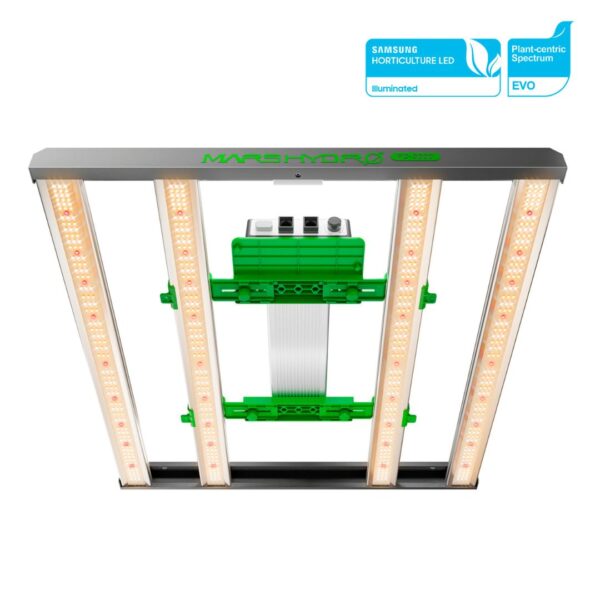 Kit de cultivo indoor com painel de LED Mars Hydro FC3000 e estufa de 100 x 100 x 180cm, mostrando o painel de barra sobre a tenda.