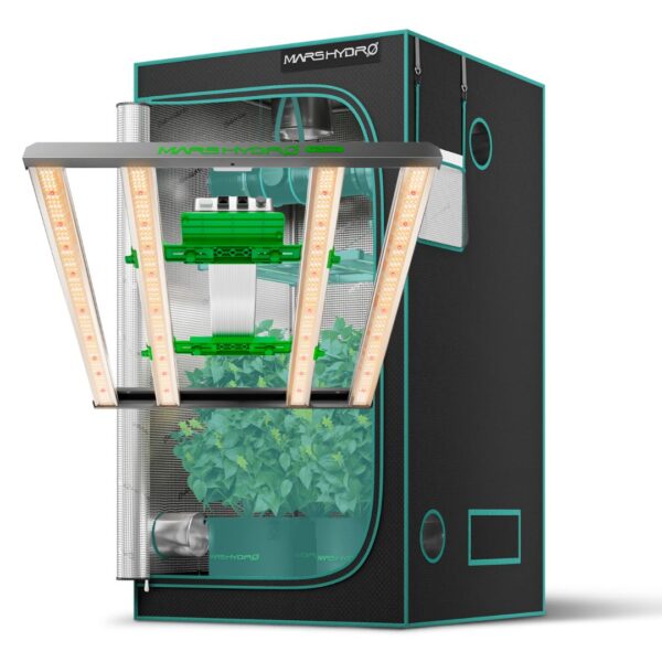 Kit de cultivo indoor com painel de LED Mars Hydro FC3000 e estufa de 100 x 100 x 180cm, mostrando o painel de barra sobre a tenda.