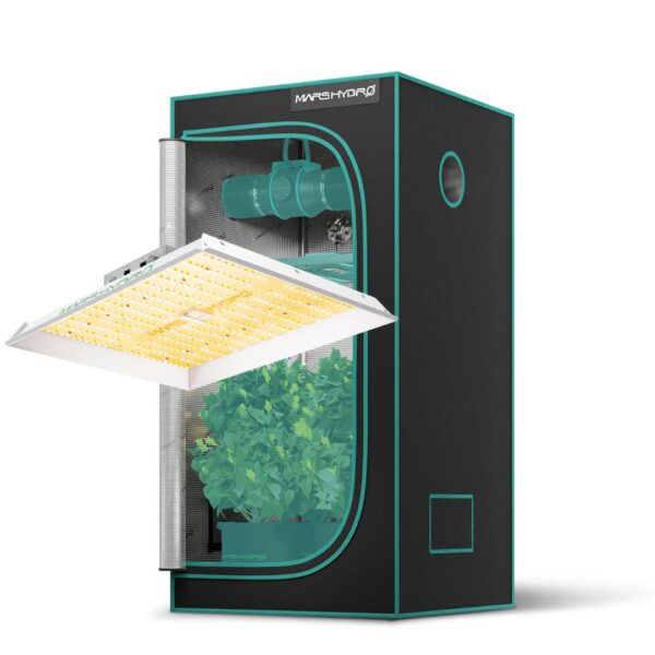 Kit de cultivo Mars Hydro com painel de LED TS1000 e estufa de 80x80x160cm, montados e prontos para uso.