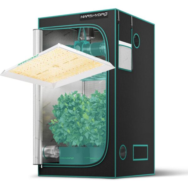 Kit de cultivo indoor com painel de LED Mars Hydro TSW2000 e estufa de 100 x 100 x 180cm, mostrando a configuração completa de cultivo.