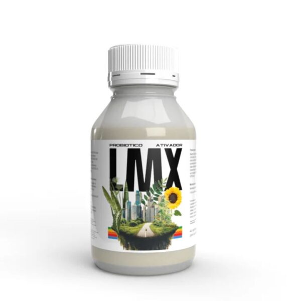 Embalagem de 100ml de LMX Probiótico Ativador da Organo Lab, mostrando o produto com elementos que remetem a um solo saudável e plantas fortes.
