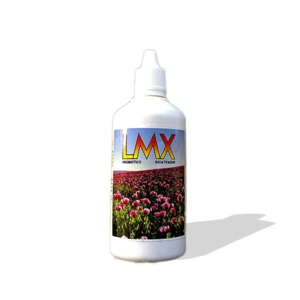 Embalagem de 100ml de LMX Probiótico Ativador da Organo Lab, mostrando o produto com elementos que remetem a um solo saudável e plantas fortes.