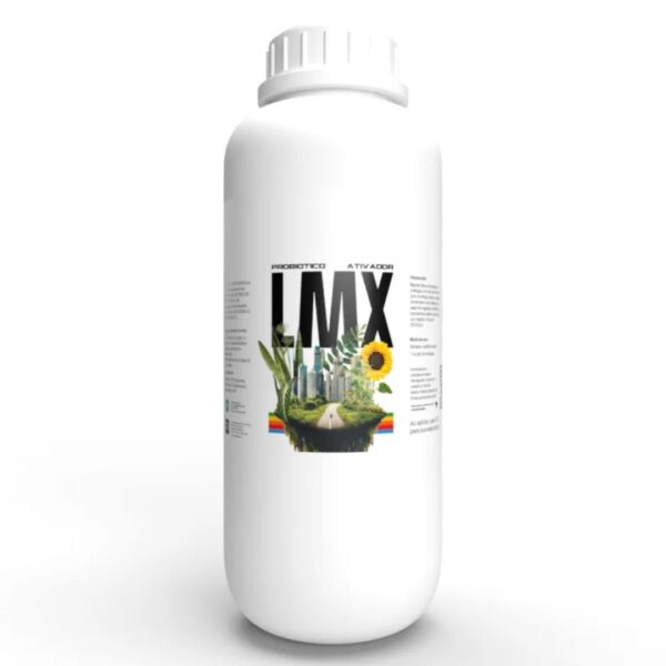 Embalagem de 1L de LMX Probiótico Ativador da Organo Lab, mostrando o produto com elementos que remetem a um solo saudável e plantas fortes.