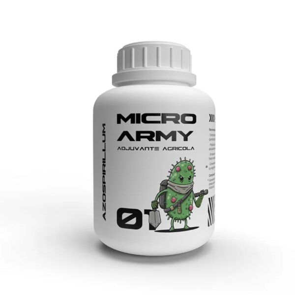 Embalagem de 250ml do Micro Army Azospirillum Organo Lab, mostrando o produto com elementos que remetem ao solo e à nutrição das raízes.