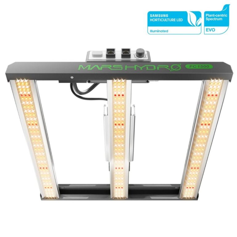 Painel de LED Mars Hydro FC-1500, um painel de cultivo indoor com múltiplos LEDs e design em barra, ideal para tendas e cultivo em espaços internos.