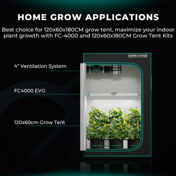 Painel de LED Mars Hydro FC-4000, um painel de cultivo indoor com múltiplos LEDs e design em barra, ideal para tendas de 120x60cm.