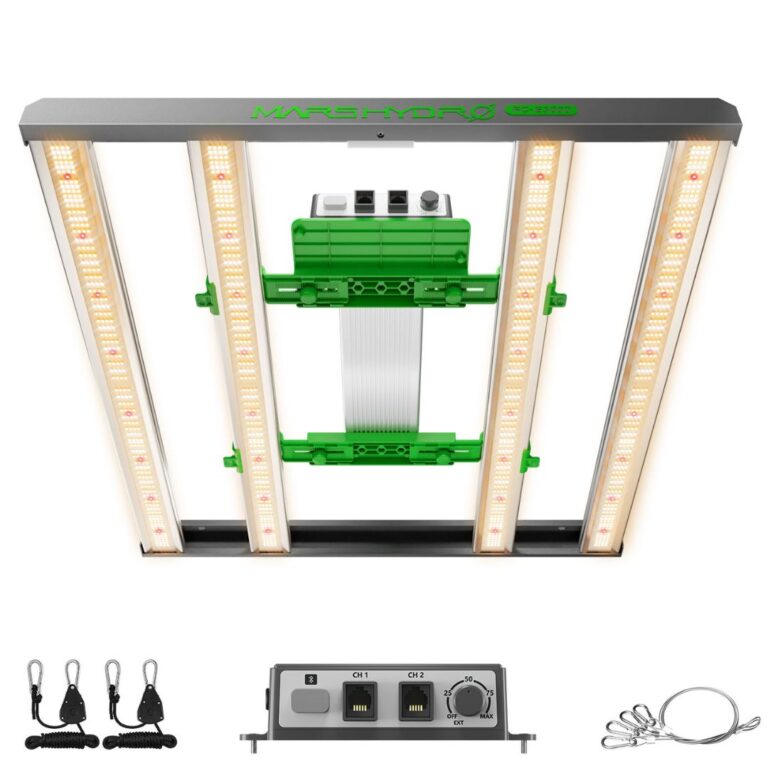 Painel de LED Mars Hydro FC-E3000, um painel de cultivo indoor com múltiplos LEDs e design em barra, ideal para iniciantes e tendas de 100x100cm.