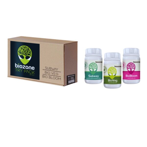 Kit Try Pack Basic Biozone com três frascos (Subway, Bio Veg, Bio Bloom) de 250ml cada, para nutrição completa.
