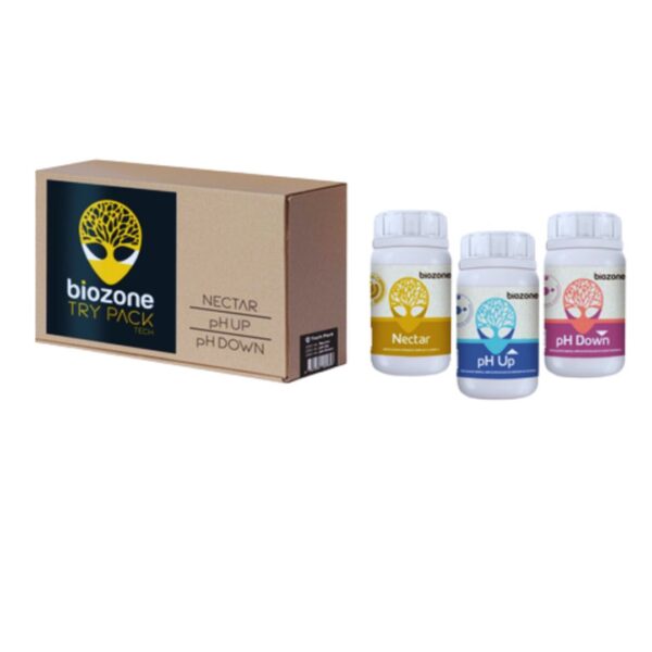 Kit Try Pack Tech Biozone com três frascos (Nectar, pH Up, pH Down) de 250ml cada, dispostos lado a lado.