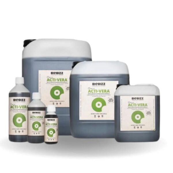 Frasco do Biobizz Acti·Vera, com design orgânico, destacando o conceito "plantas para plantas" com extrato de Aloe Vera.