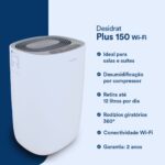 Desumidificador Desidrat Plus 150 Wi-Fi branco e compacto, com painel digital, mostrando umidade relativa e conexão Wi-Fi. Disponível nas versões 110V e 220V.
