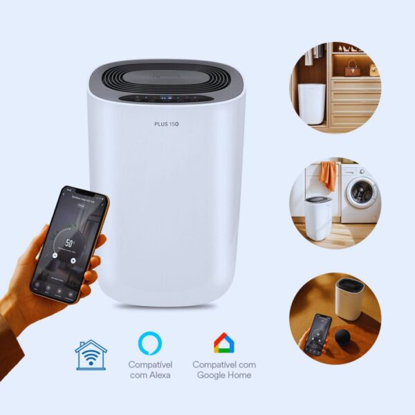 Desumidificador Desidrat Plus 150 Wi-Fi branco e compacto, com painel digital, mostrando umidade relativa e conexão Wi-Fi. Disponível nas versões 110V e 220V.
