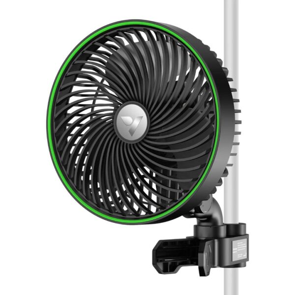 Ventilador Vivosun Aerowave E6 Clip-on preto, fixado em um tubo redondo de estufa, destacando seu design patenteado e oscilação.
