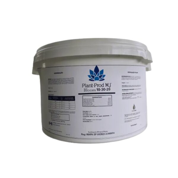 Fertilizante Plant-Prod MJ Bloom 10-30-20, um pó solúvel, em embalagem de 500g, focado na fase de floração de plantas medicinais.