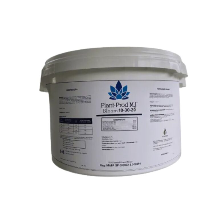 Fertilizante Plant-Prod MJ Bloom 10-30-20, um pó solúvel, em embalagem de 500g, focado na fase de floração de plantas medicinais.