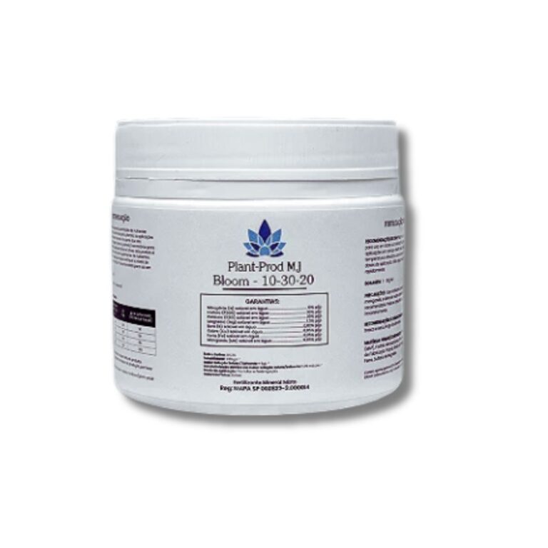 Fertilizante Plant-Prod MJ Bloom 10-30-20, um pó solúvel, em embalagem de 500g, focado na fase de floração de plantas medicinais.