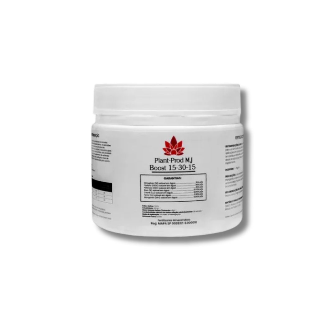 Plant-Prod MJ Boost Raíz e Pré-Flora 15-30-15 500g Fertilizante Plant-Prod MJ Boost 15-30-15, um pó mineral solúvel em embalagem de fábrica, destacando a composição com 30% de Fósforo.