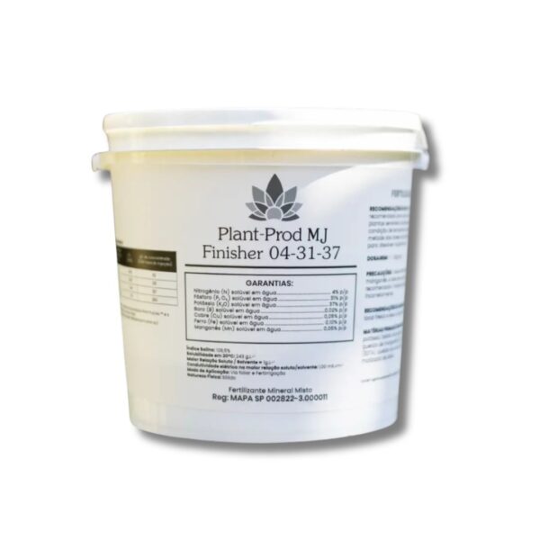 Fertilizante Plant-Prod MJ Finisher 4-31-37, um pó solúvel com baixo Nitrogênio e alto Potássio, para uso nas últimas semanas de floração.