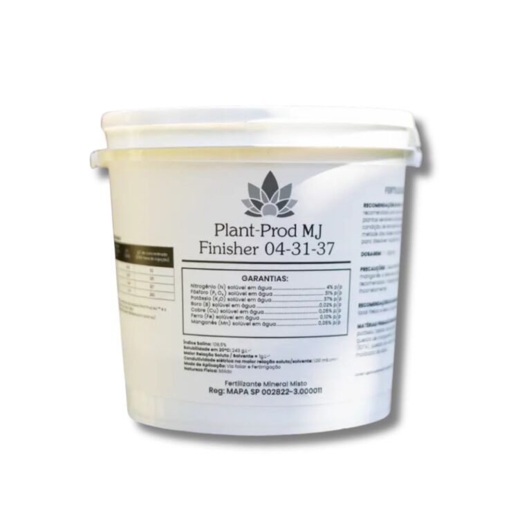 Fertilizante Plant-Prod MJ Finisher 4-31-37, um pó solúvel com baixo Nitrogênio e alto Potássio, para uso nas últimas semanas de floração.