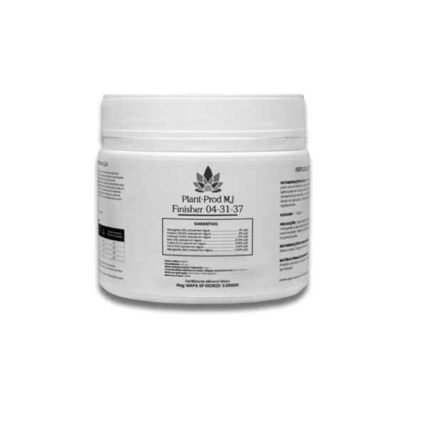 Fertilizante Plant-Prod MJ Finisher 4-31-37, um pó solúvel com baixo Nitrogênio e alto Potássio, para uso nas últimas semanas de floração.