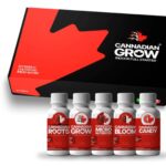 Caixa do Full Starter Kit Cannadian Grow 100ml aberta exibindo os cinco frascos de fertilizantes alinhados lado a lado.